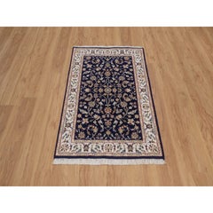 2'9"x4'1" Midnight Blue Nain with Flower Design Hand Knotted Wool & Silk Mat Rug
