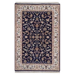 2'9"x4'1" Midnight Blue Nain with Flower Design Hand Knotted Wool & Silk Mat Rug