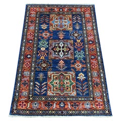 2'9"x4'1" Navy Blue Afghan Super Kazak Geometric Medallion Wool Sample Mat Rug