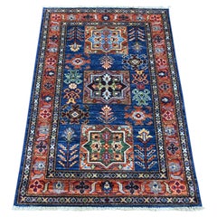2'9"x4'1" Navy Blue Natural Wool Afghan Super Kazak Hand Knotted Oriental Rug