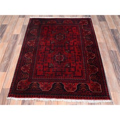 2'9"x4'1" Red Afghan Andkhoy with Geometric Motif Hand Knotted Soft Wool Mat Rug