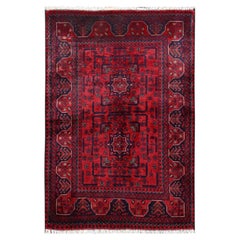 2'9"x4'1" Red Afghan Andkhoy with Geometric Motif Hand Knotted Soft Wool Mat Rug
