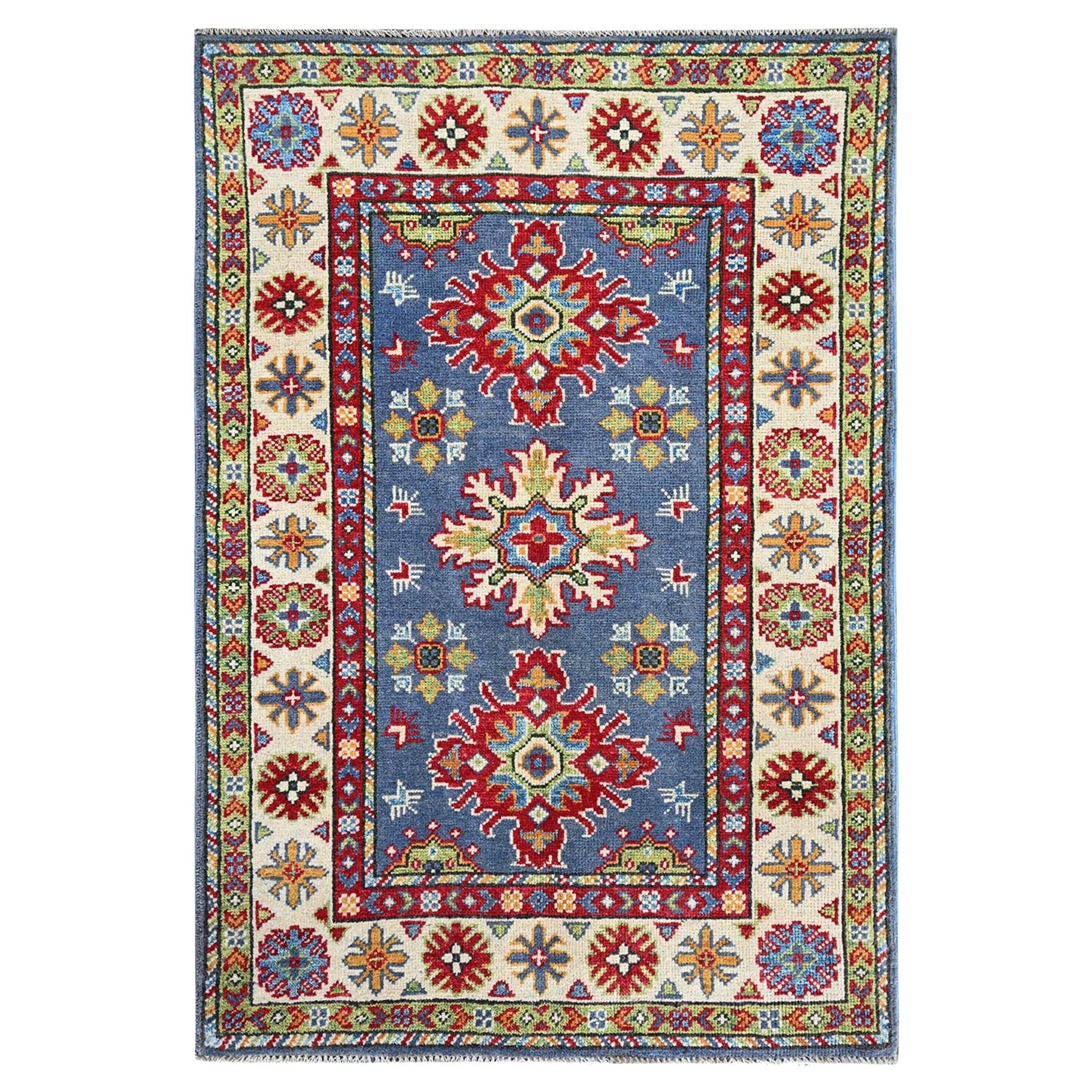 2
9"x4
1" Yonder Blue Kazak with Tribal Design Hand Knotted Wool Mat Sample Rug For Sale
