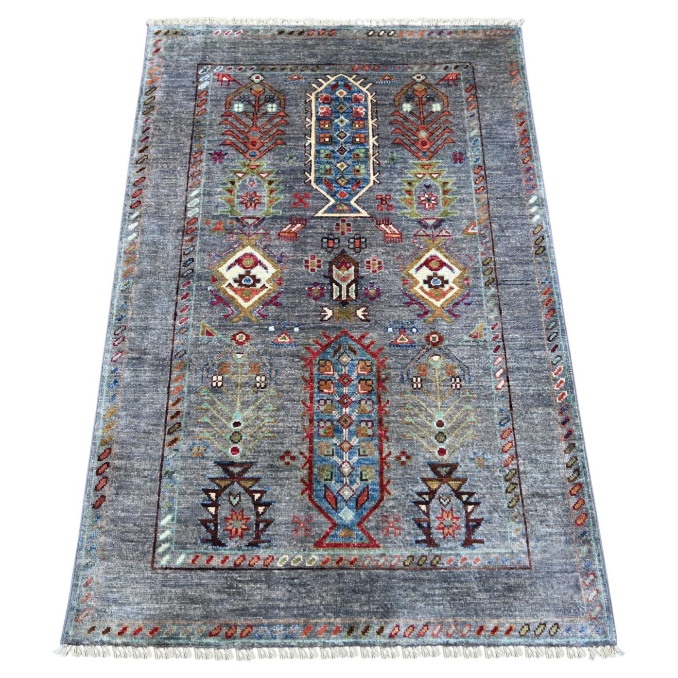 2'9"x4'2" Misty Gray Pure Wool Afghan Super Kazak Hand Knotted Sample Mat Rug
