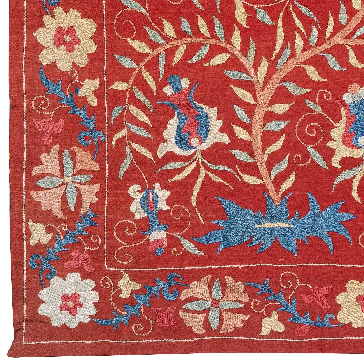 Central Asian 29x47 in Silk Embroidery Wall Hanging. Modern Bed Cover. Red Handmade Tablecloth For Sale