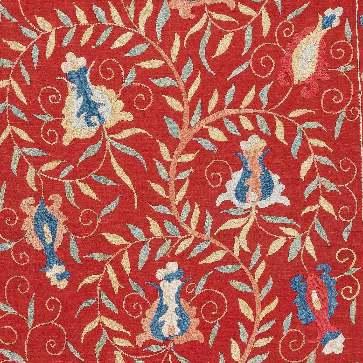 Embroidered 29x47 in Silk Embroidery Wall Hanging. Modern Bed Cover. Red Handmade Tablecloth For Sale