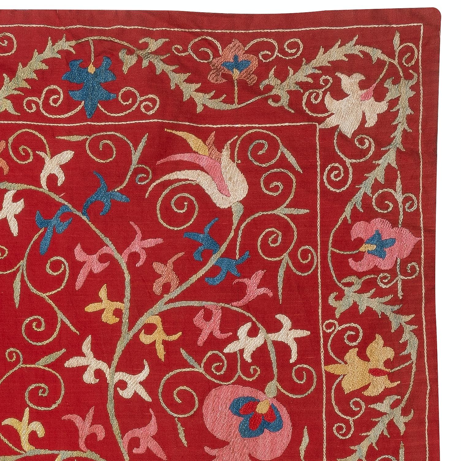 Suzani 29x49 in Silk Embroidery Wall Hanging. Modern Bed Cover. Red Tablecloth