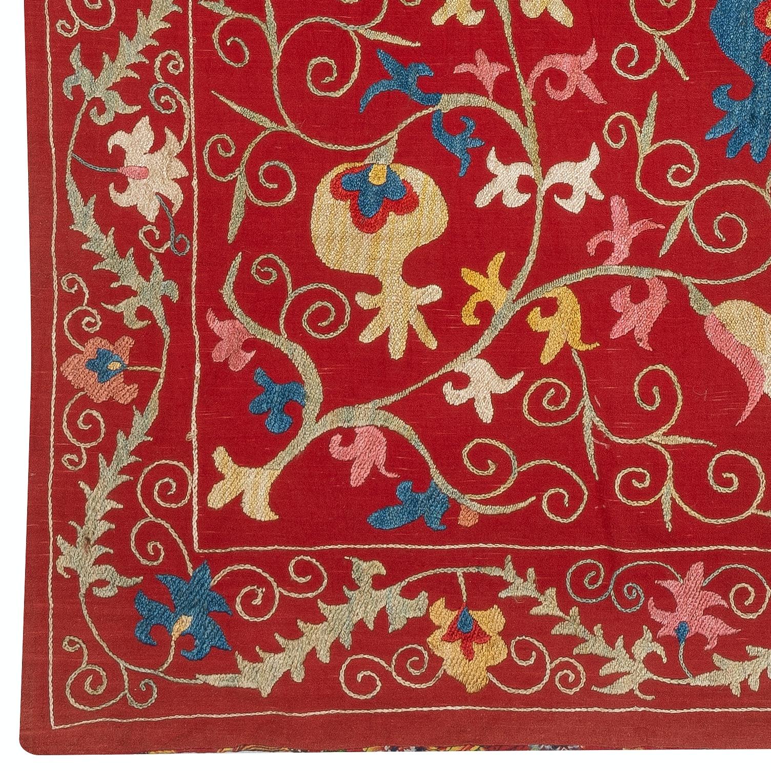 Central Asian 29x49 in Silk Embroidery Wall Hanging. Modern Bed Cover. Red Tablecloth