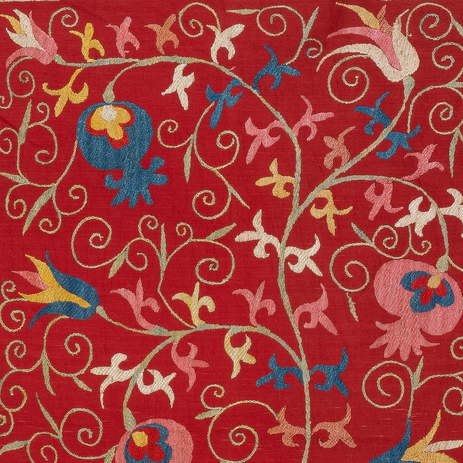 Embroidered 29x49 in Silk Embroidery Wall Hanging. Modern Bed Cover. Red Tablecloth