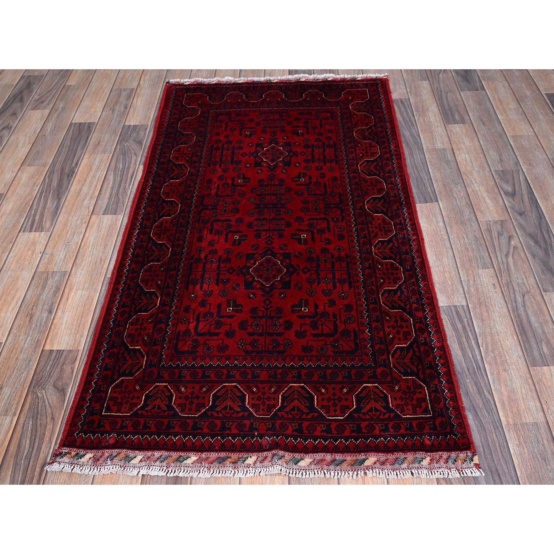 Scarlet Red, Afghan Khamyab with Geometric Pattern, Hand Knotted, Soft and Velvety Wool, Oriental Rug
Primary materials: Wool
Latex: No Pile 
height: 0.25 Inches
Style: Traditional
Primary color: Red
Secondary colors: Midnight Blue, Brown
Pattern: