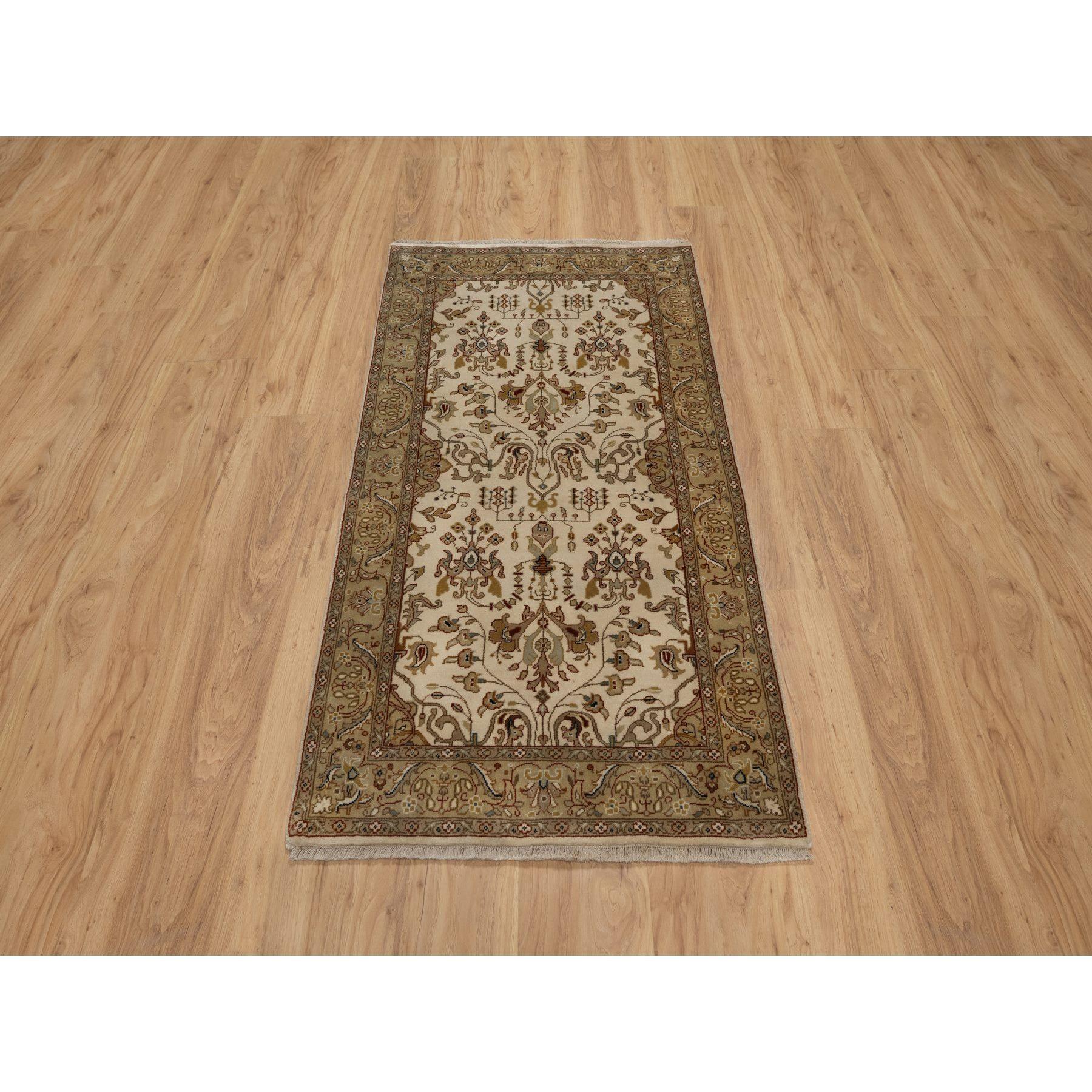 Parchment White, Kashan Design, 300 KPSI, Hand Spun New Zealand Wool, Hand Knotted, Oriental Rug
Primary materials: Wool
Latex: No Pile 
height: 0.25 Inches
Style: Traditional
Primary color: Ivory
Secondary colors: Red, Gray, Blue, Beige
Pattern: