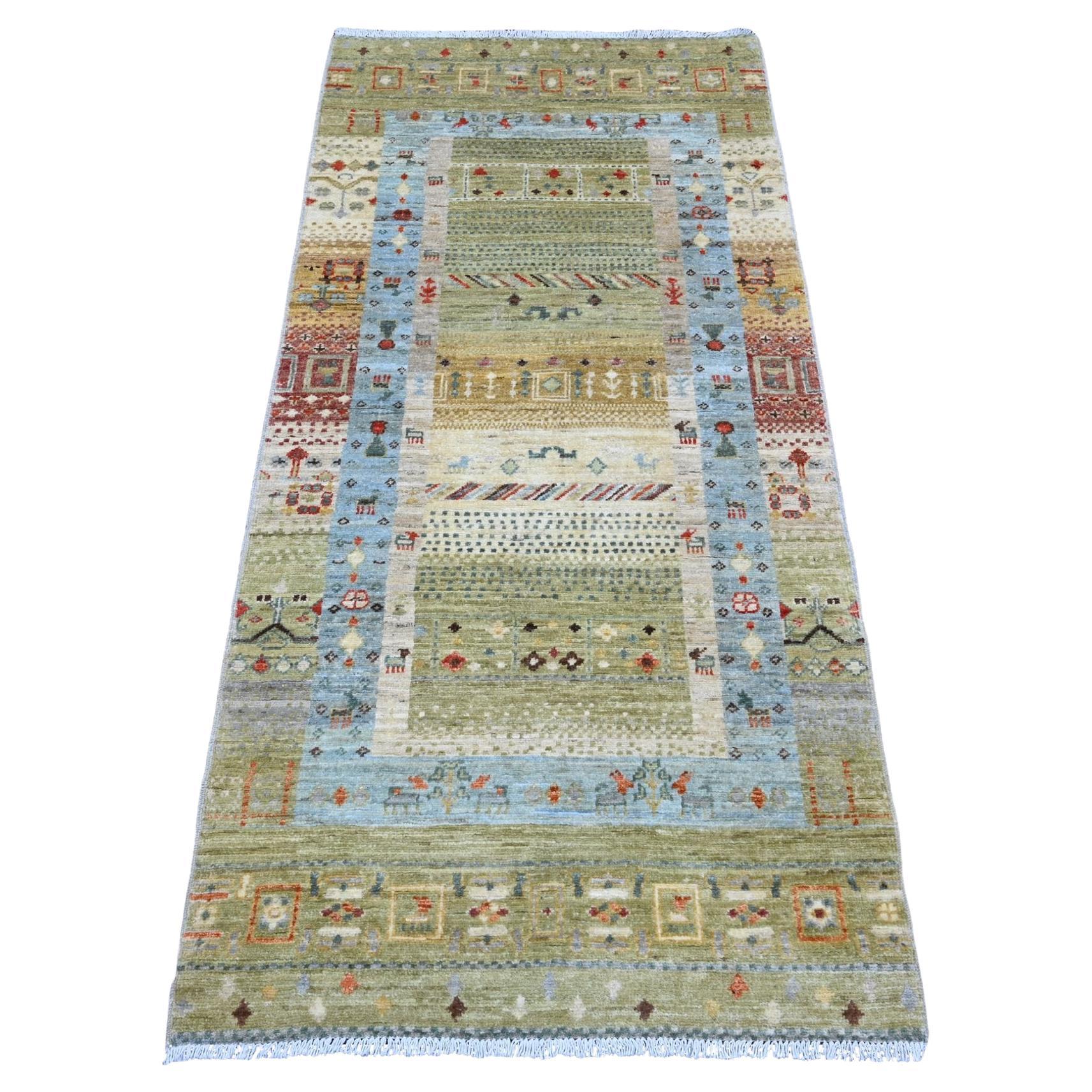 2
9 "x5
10" Grün Kashkuli Gabbeh Tierfiguren Hand geknüpft Wolle Läufer Teppich