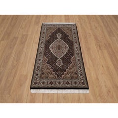 2'9"x5'3" Midnight Black Hand Knotted Tabriz Mahi 100% Wool Oriental Rug