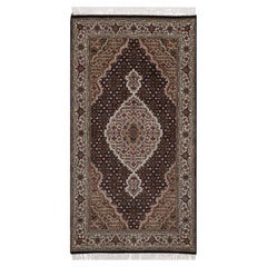 2'9"x5'3" Midnight Black Hand Knotted Tabriz Mahi 100% Wool Oriental Rug