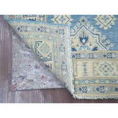 Tappeto in lana annodato a mano 2'9 "x5'5" blu dall'aspetto vintage Kazak con medaglioni tribali