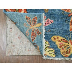2'9"x5'9" Blue Afghan Peshawar Butterfly Design Wool Hand Knotted Runner Rug