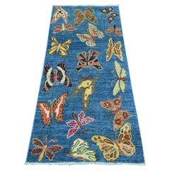 2'9"x5'9" Blue Afghan Peshawar Butterfly Design Wool Hand Knotted Runner Rug