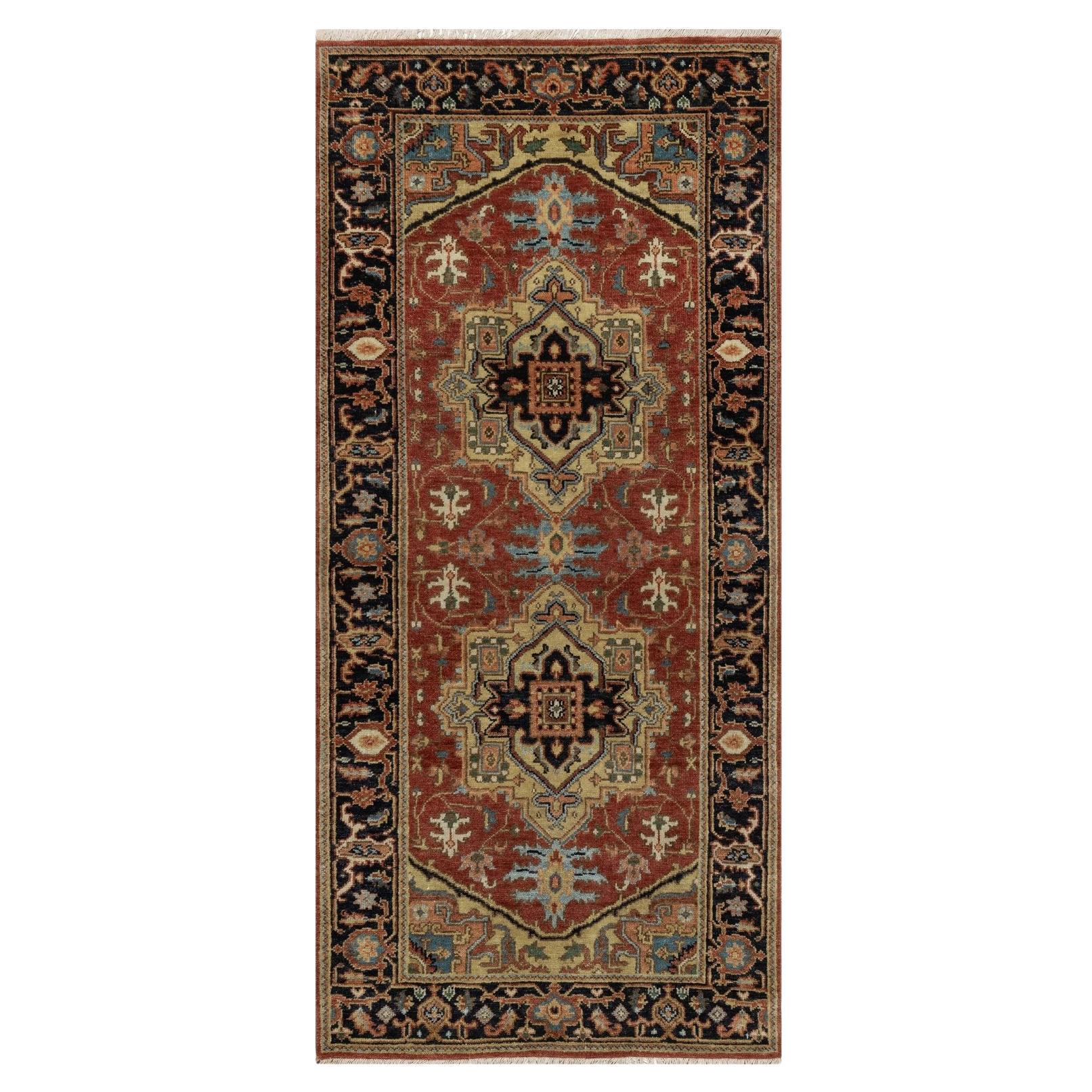 2'9"x6' Red Heriz Revival with Medallion Design Hand Knotted Wool Runner Rug