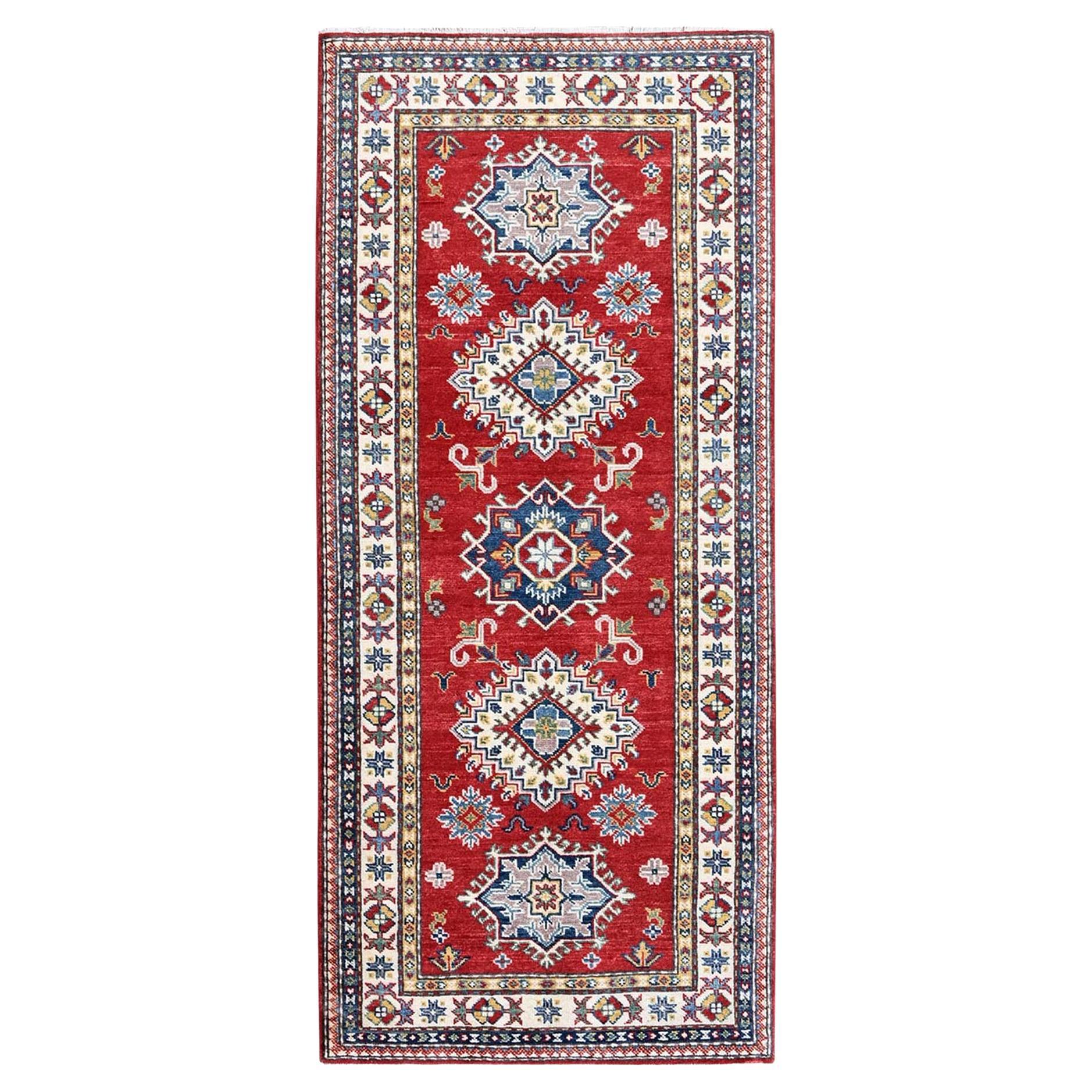 2
9"x6
3" Red Kazak with Geometric Design Soft Wool Hand Knotted Runner rug