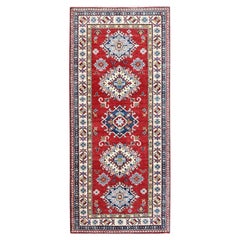 2
9"x6
3" Red Kazak with Geometric Design Soft Wool Hand Knotted Runner rug