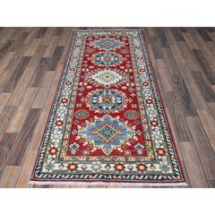 2'9"x6'4" Red Kazak with Geometric Medallion Design Hand Knotted Wool Runner Rug