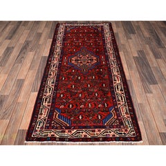 2'9"x6'4" Red New Persian Hamadan Hand Knotted Full Pile Soft Wool Runner Rug