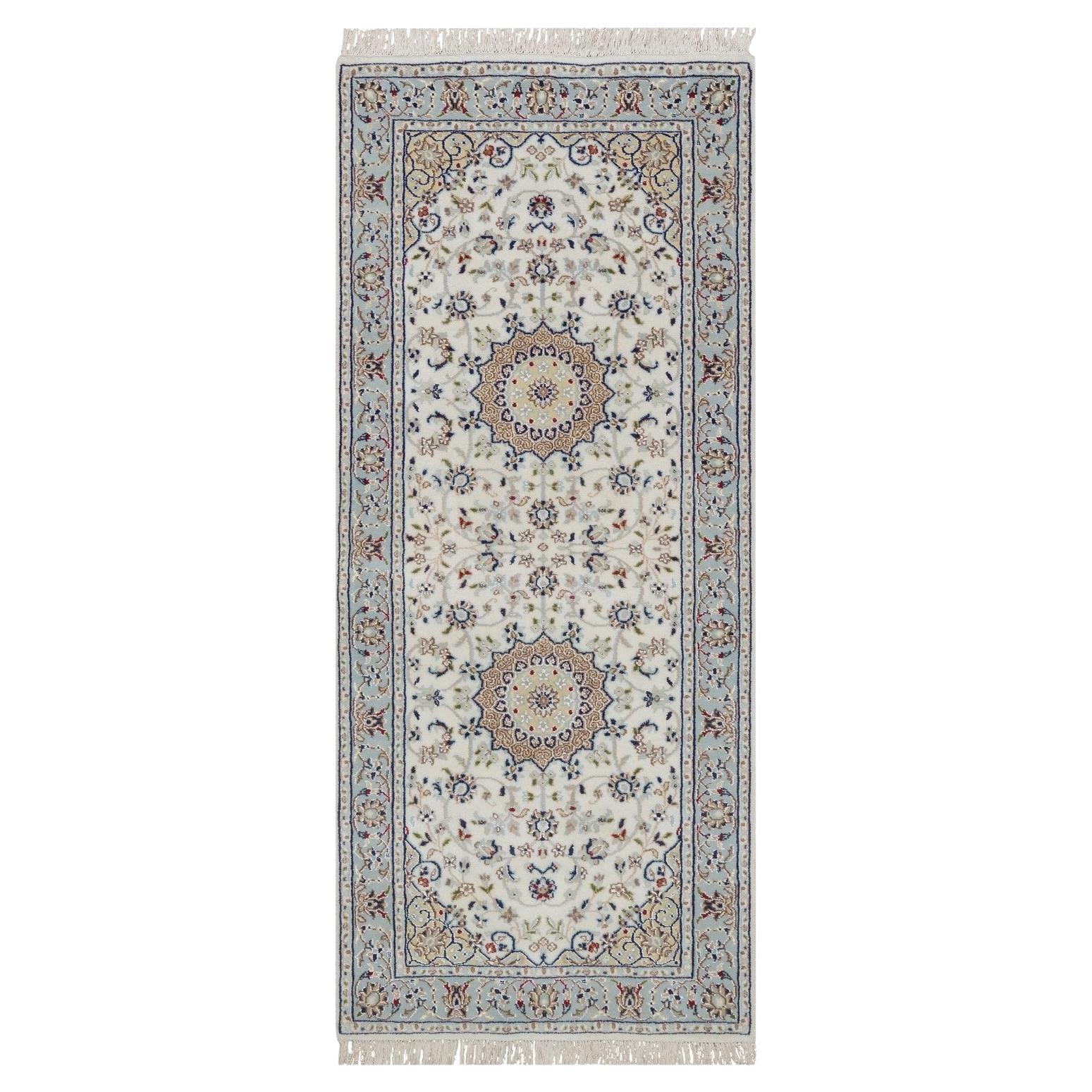 2
9"x6
5" Bone White Wool and Silk Nain Flower Design Hand Knotted Runner Rug