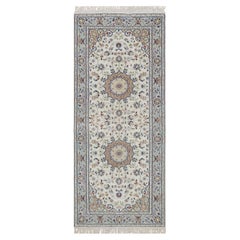 2
9"x6
5" Bone White Wool and Silk Nain Flower Design Hand Knotted Runner Rug
