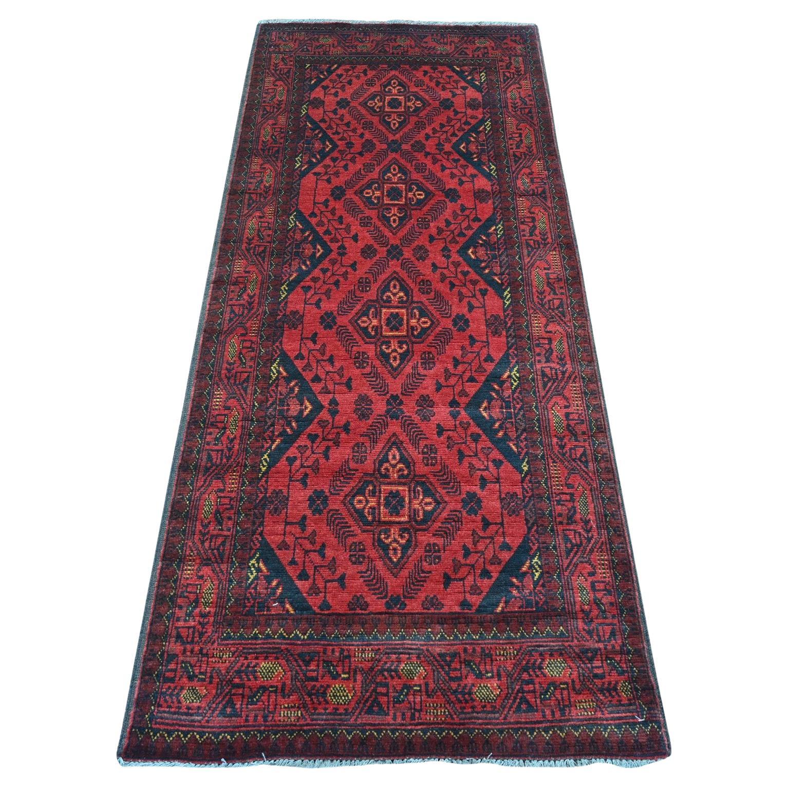 2'9 "x6'6" Rouge Tapis de course noué à la main Afghan Andkhoy à motif géométrique en pure laine