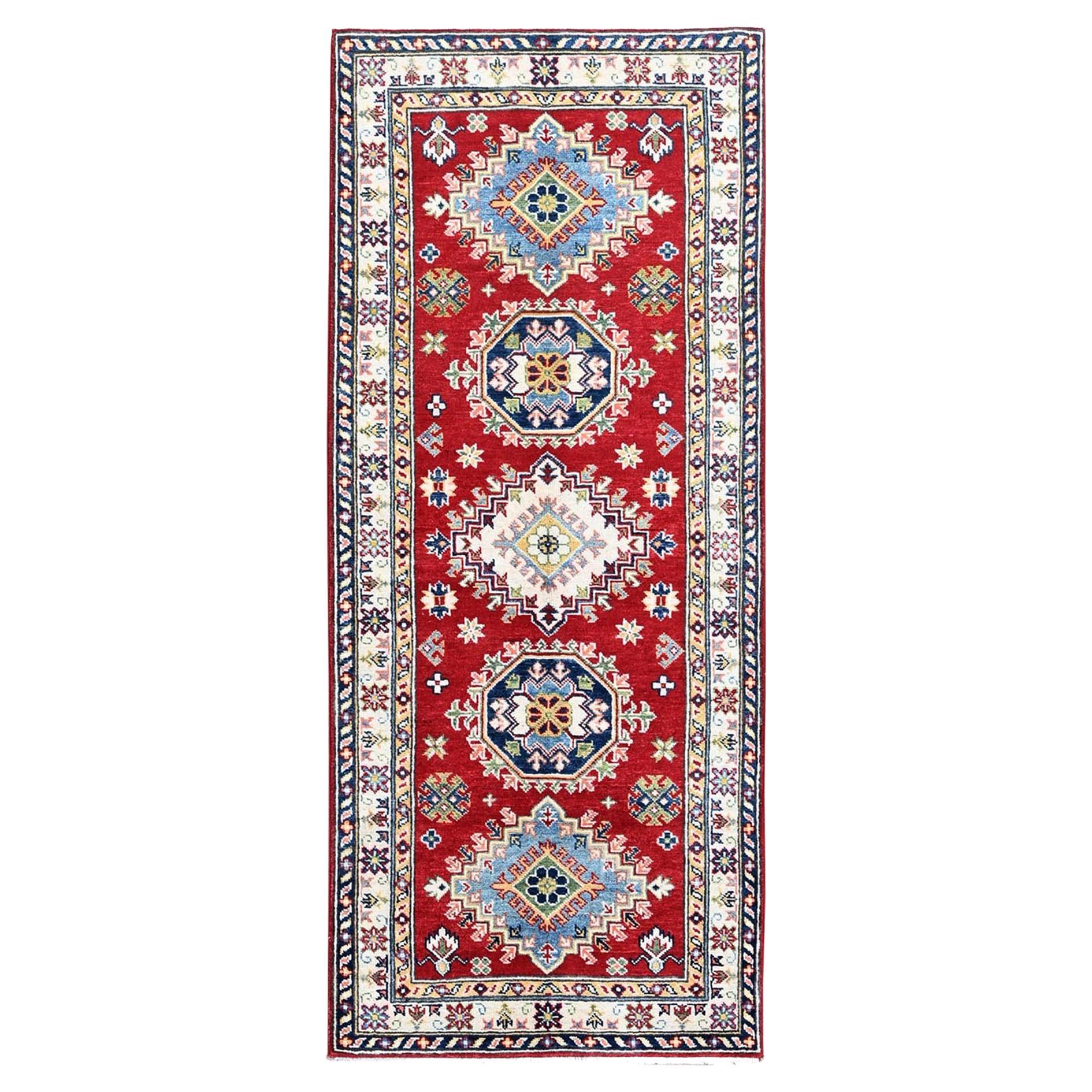 2'9 "x6'6" Tapis de course en laine nouée à la main Kazak rouge à motifs de médaillons géométriques