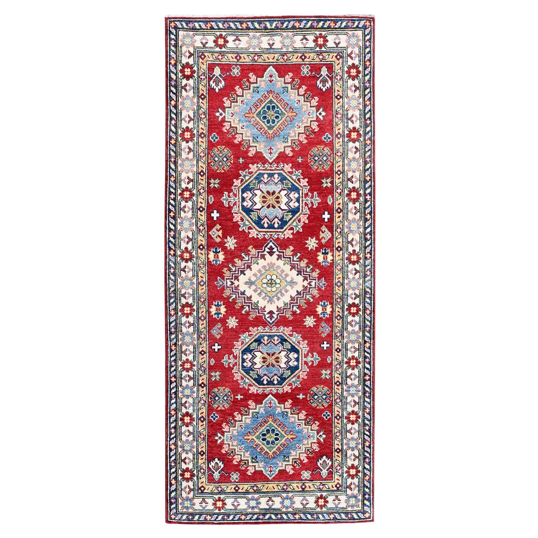 2'9"x6'8" Red Kazak with Tribal Medallions Design Hand Knotted Wool Runner Rug