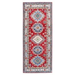 2'9"x6'8" Red Kazak with Tribal Medallions Design Hand Knotted Wool Runner Rug