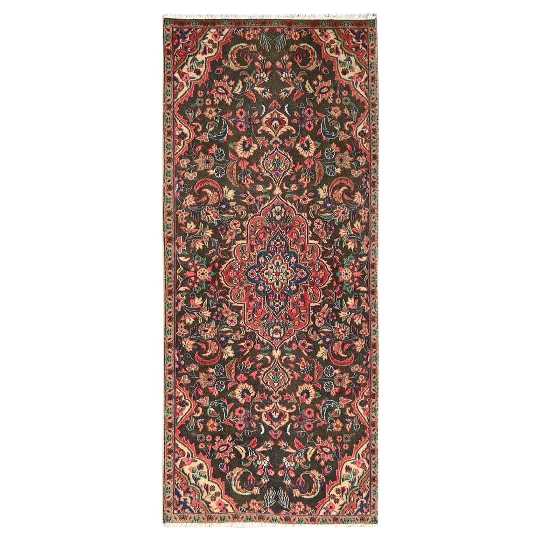 2
9"x6
9" Brown Vintage Persian Kazwin with Flower Design Hand Knotted Wool Rug For Sale
