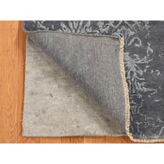 2'9"x6'9" Gray, Erased Abarasque Design, Wool and Silk, Handmade Runner Rug