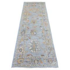2'9"x7'10" Blue Afghan Angora Oushak Leaf Design Hand Knotted Wool Runner Rug