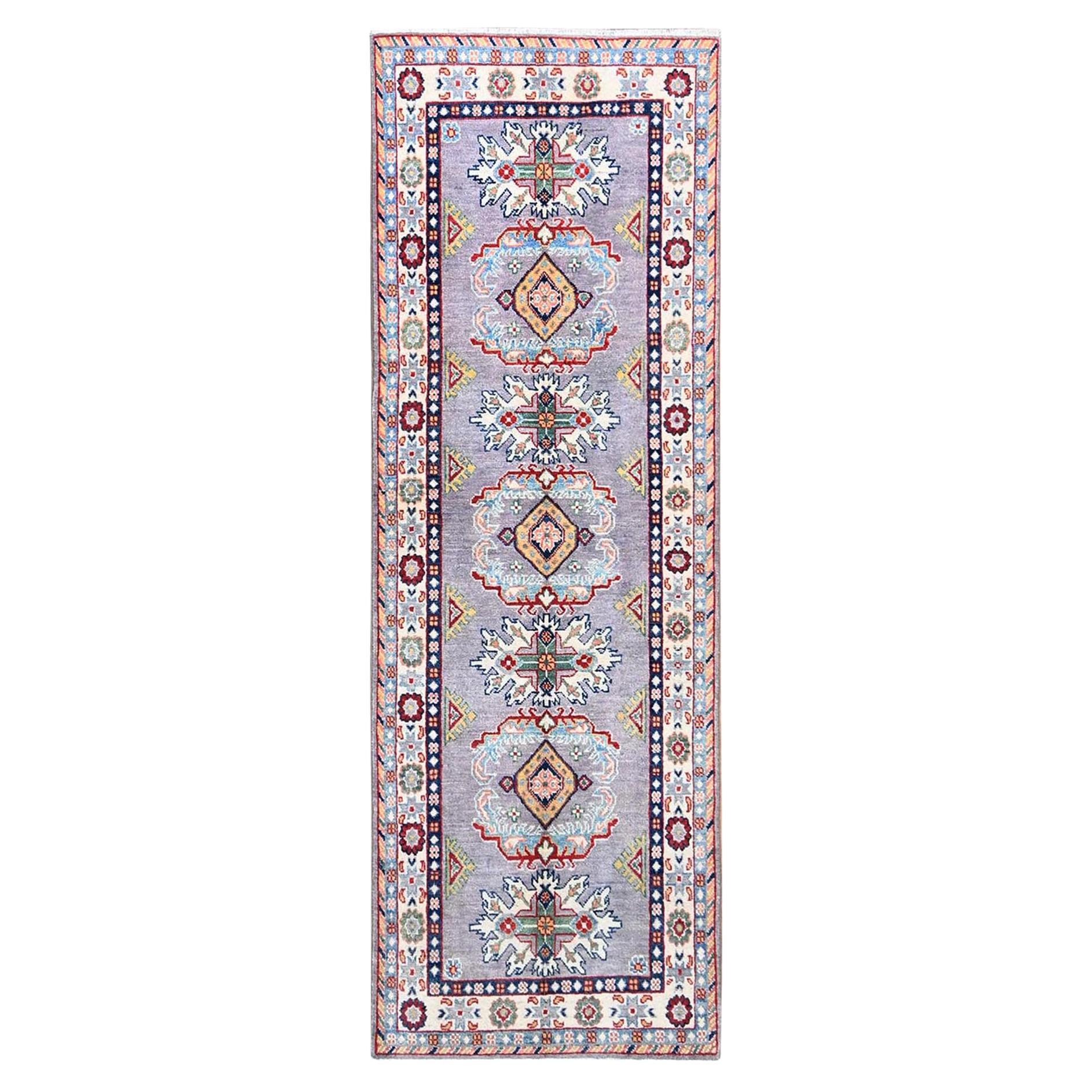 2'9"x7'10" Gray Kazak Tribal Medallions Hand Knotted Oriental Runner Rug