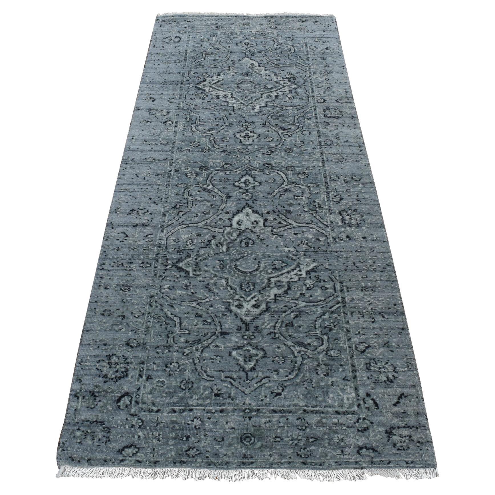 2'9 "x7'10" Gris, Diseño Persa, Seda Pura con Lana Alfombra de Corredor Anudada a Mano en venta