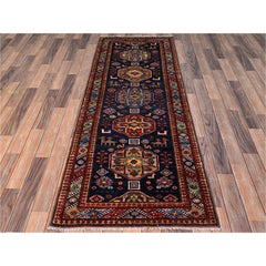 2'9"x7'2" Yale Blue Hand Knotted Afghan Ersari with Turkish Knot Wool Runner Rug