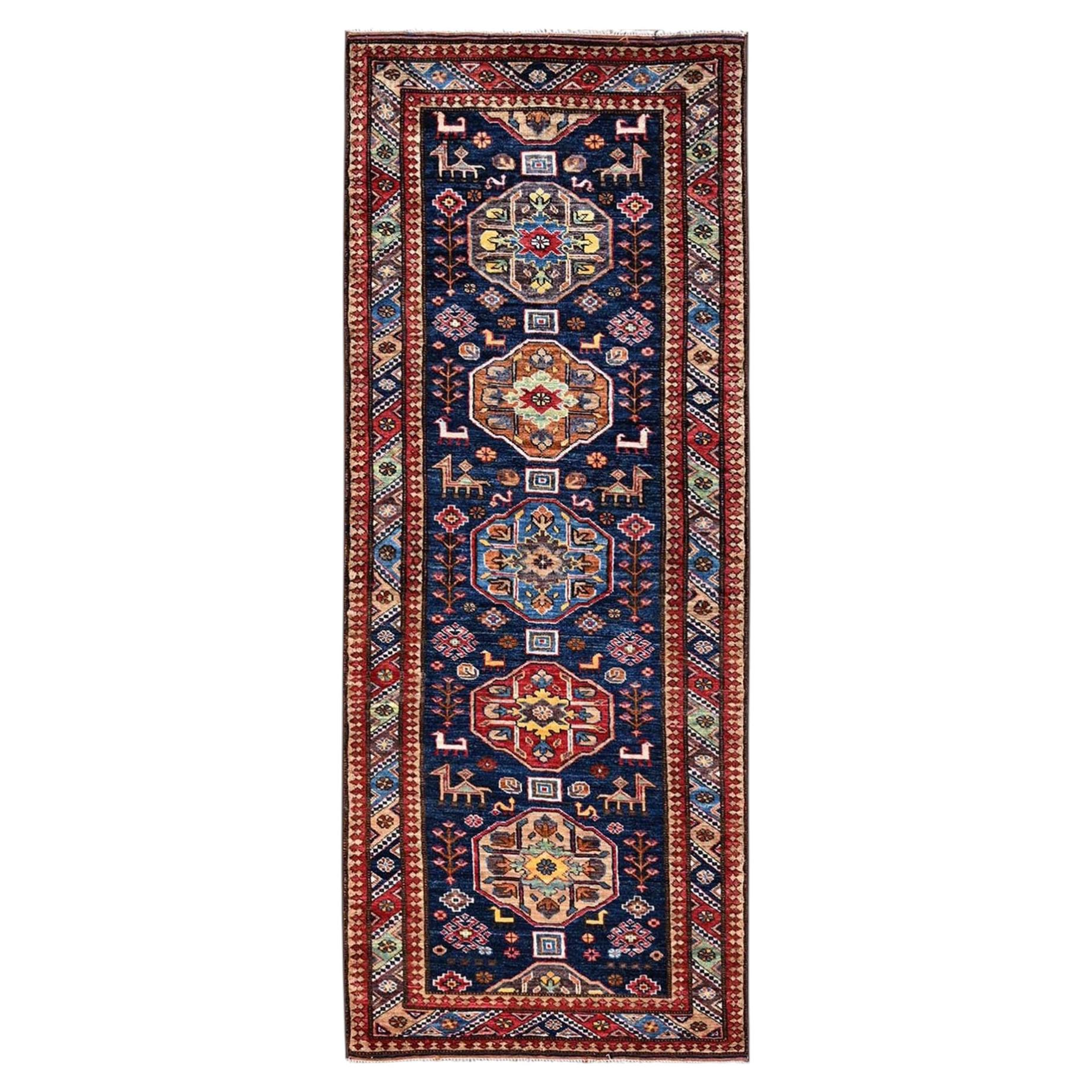 2'9"x7'2" Yale Blue Hand Knotted Afghan Ersari with Turkish Knot Wool Runner Rug For Sale