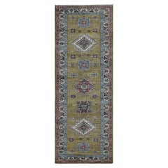 2'9"x7'7" Green Hand Knotted Afghan Super Kazak Geometric Medallion Wool Rug