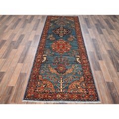 2'9"x7'8" Blue Tabriz with Peacocks Persian Design Hand Knotted Wool Runner Rug