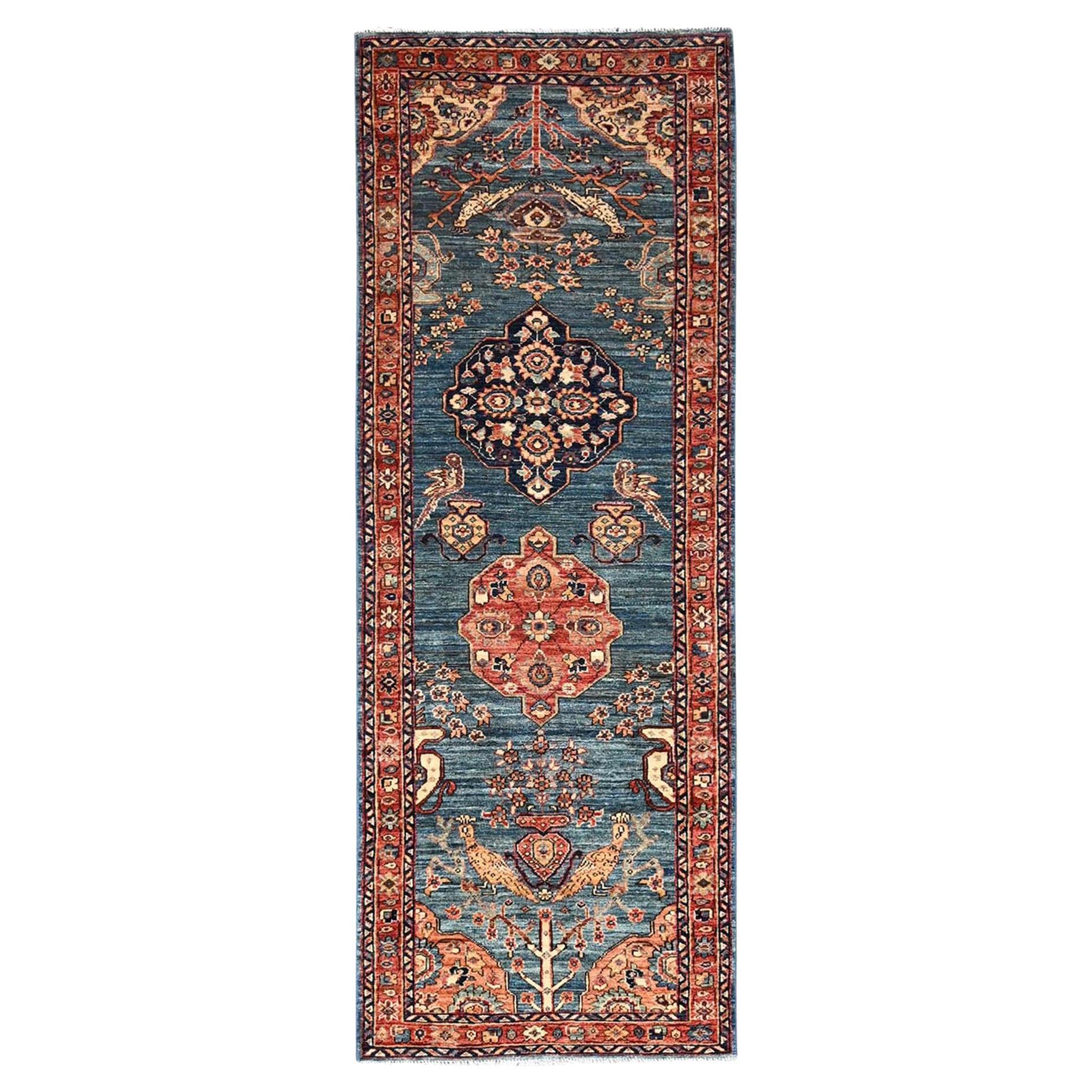 2
9"x7
8" Blue Tabriz with Peacocks Persian Design Hand Knotted Wool Runner Rug For Sale