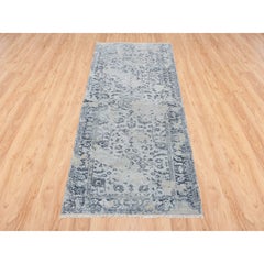 2'9"x7'8" Gray Pure Silk with Wool Hand Knotted Broken Kashan Design Runner Rug