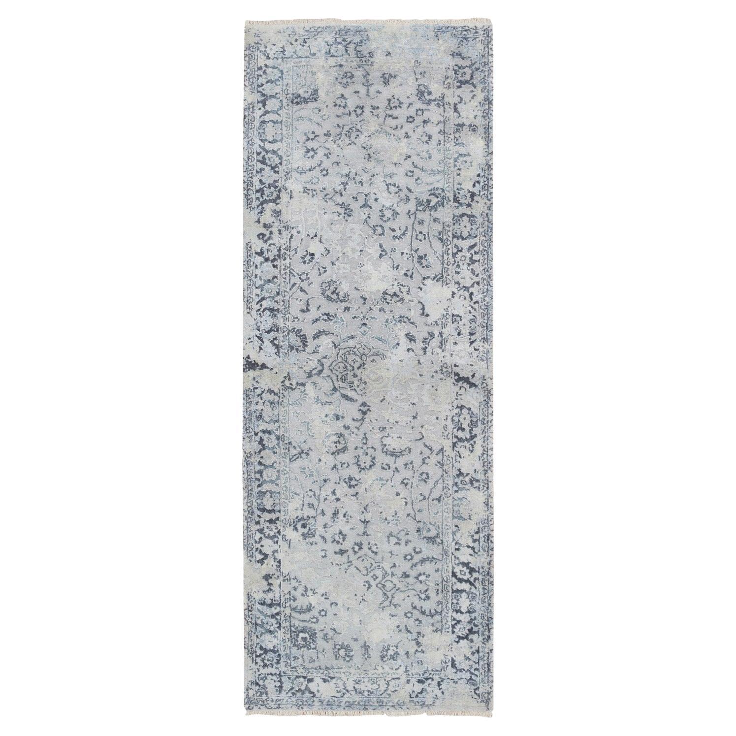 2
9 "x7
8" Grau Reine Seide mit Wolle Hand geknotet Broken Kashan Design Läufer Teppich