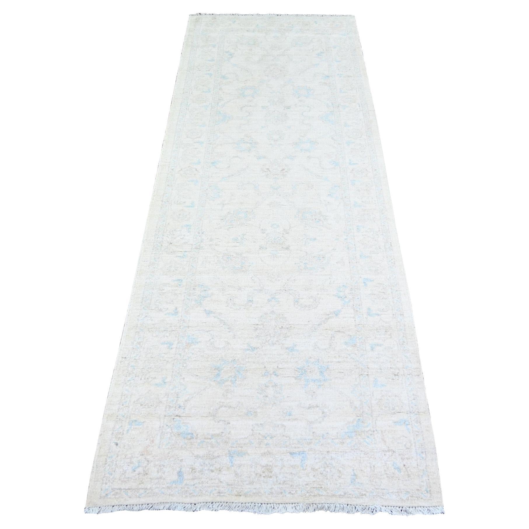 2'9"x7'8" Rose Hand Knotted White Wash Peshawar Wool Runner Oriental Rug