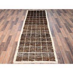 2'9 "x7'9" Alfombra de Corredor Marrón de Lana Natural Anudada a Mano con Diseño de Cuadrícula de Tejido Marroquí
