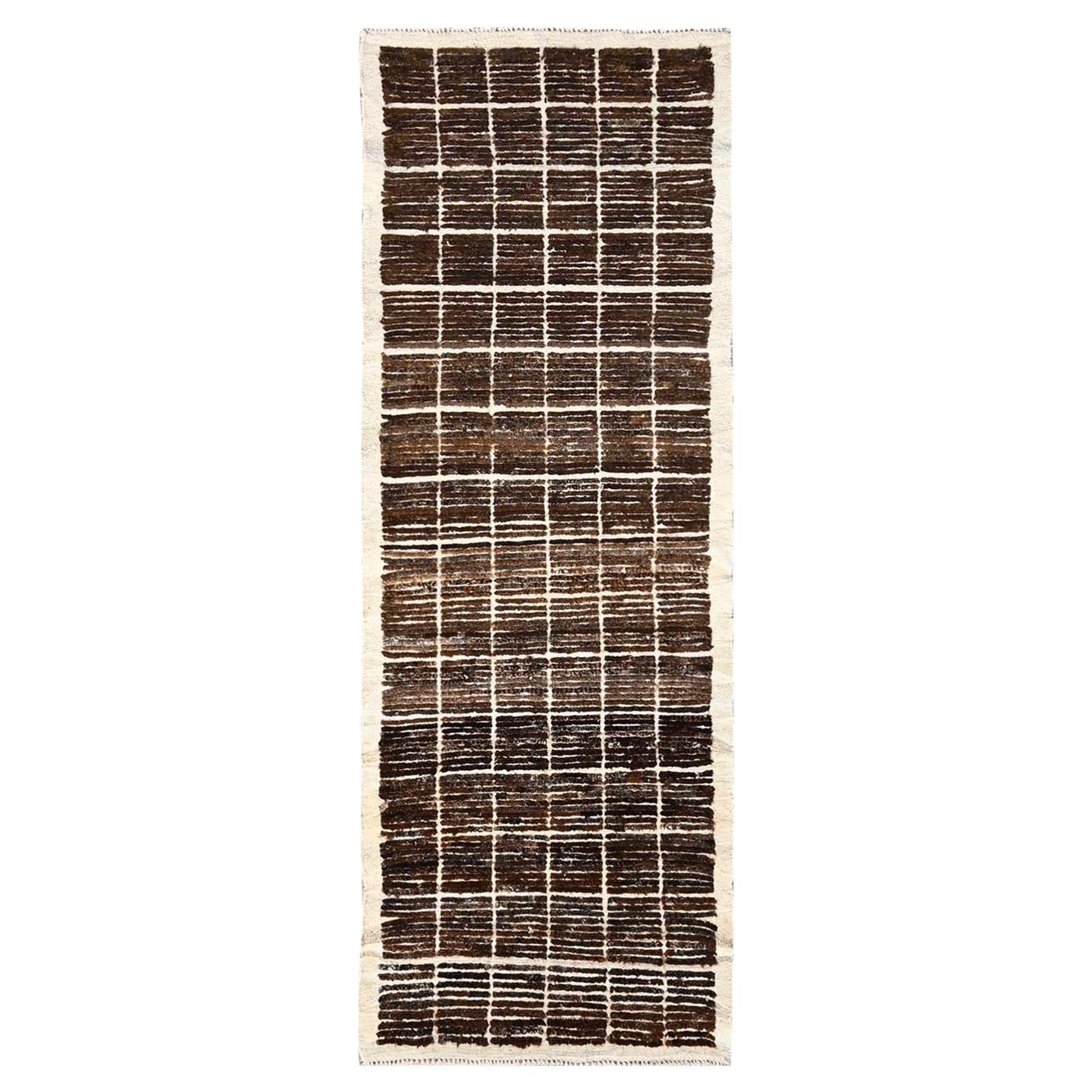 2
9"x7
9" Brown Hand Knotted Natural Wool Moroccan Weave Grid Design Runner Rug