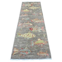 2'9"x8' Brown Afghan Peshawar Oceanic Fish Design Hand Knotted Wool Runner Rug
