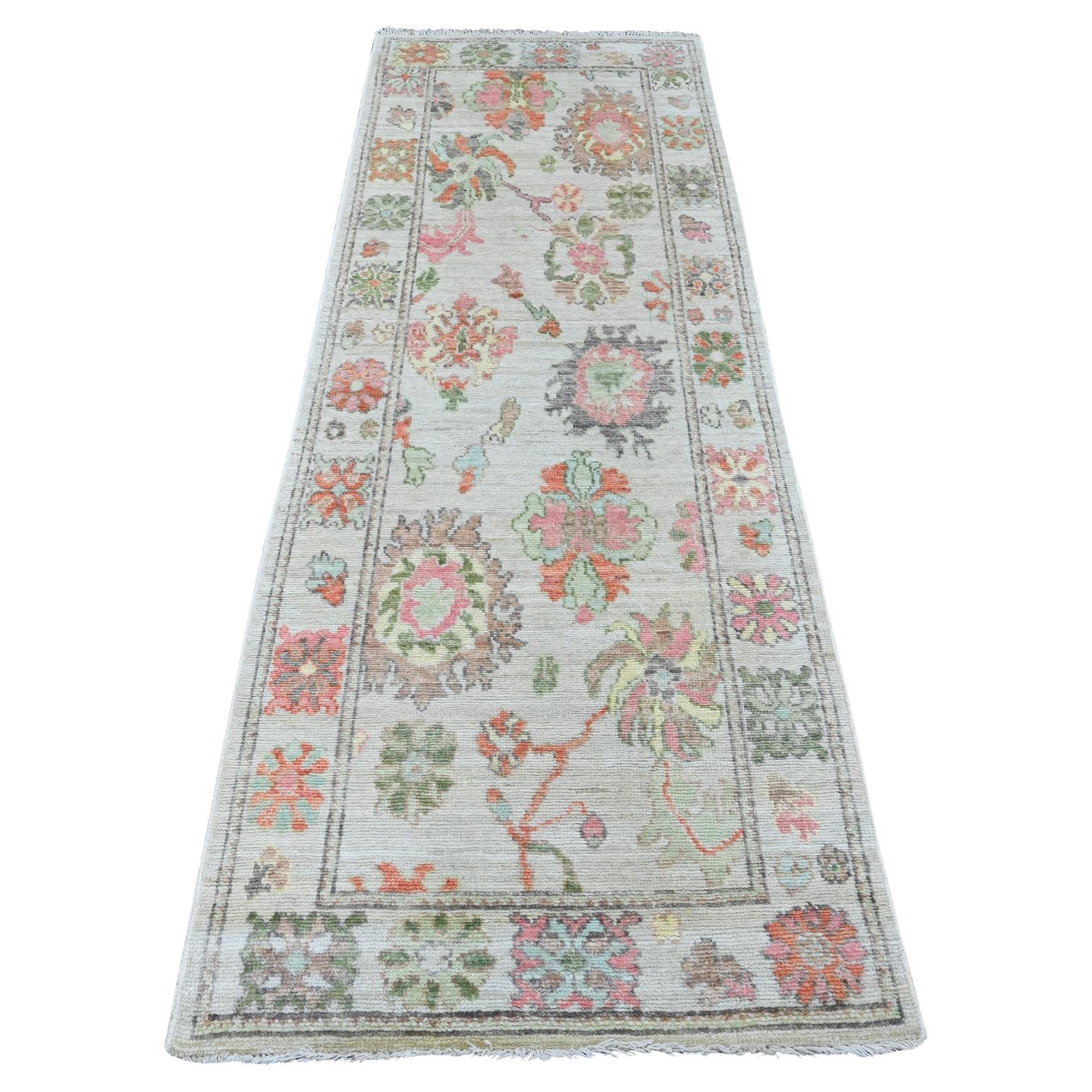 2'9"x8' Gray Afghan Angora Oushak Leaf Design Hand Knotted All Wool Runner Rug