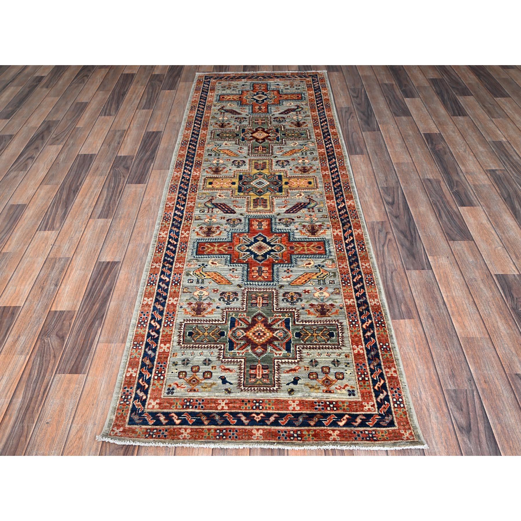Misty Gray, Armenian Inspired Caucasian Design with Bird Figurines, 200 KPSI, Super Fine Wool, Hand Knotted, Denser Weave, Vegetable Dyes, Runner, Oriental Rug
Primary materials: Wool
Latex: No Pile 
height: 0.25 Inches
Style: Traditional
Primary